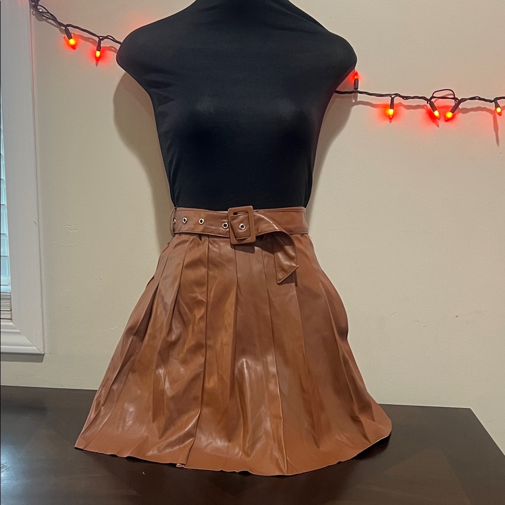 Brown Pleated Skirt with Belt